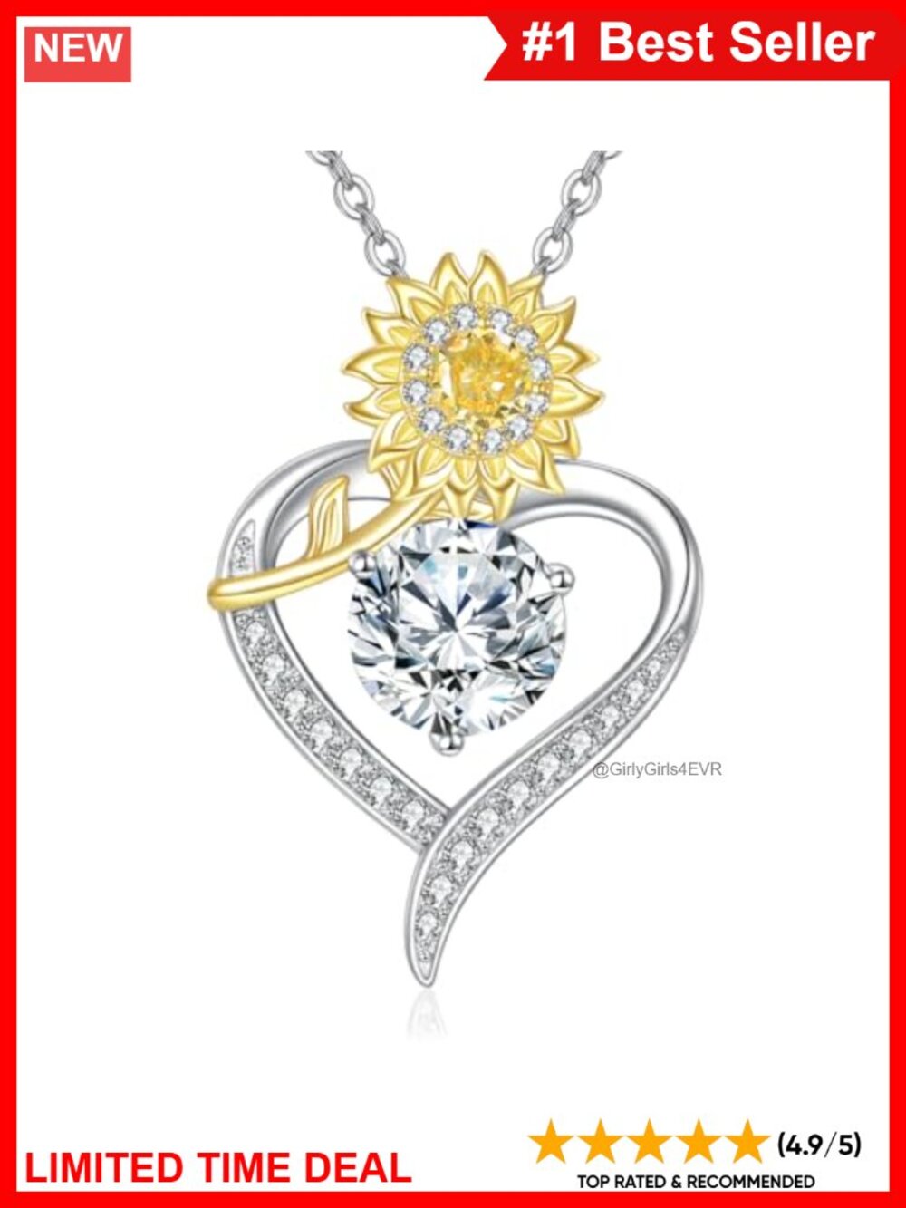 18kt Gold Over 925 Sterling Silver Sunflower Necklace Heart Pendant Necklace